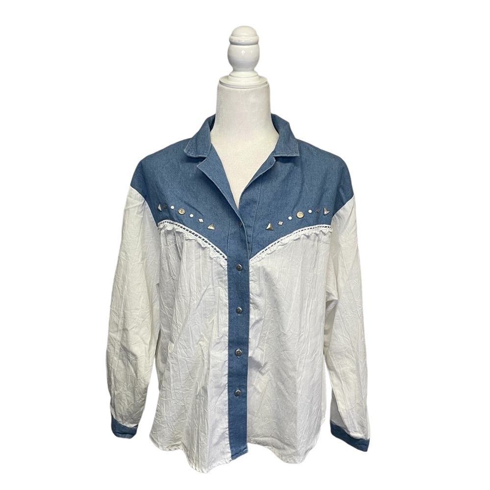 Vintage GW Graff Denim White Studded Western Cottage Button Up Blouse Large